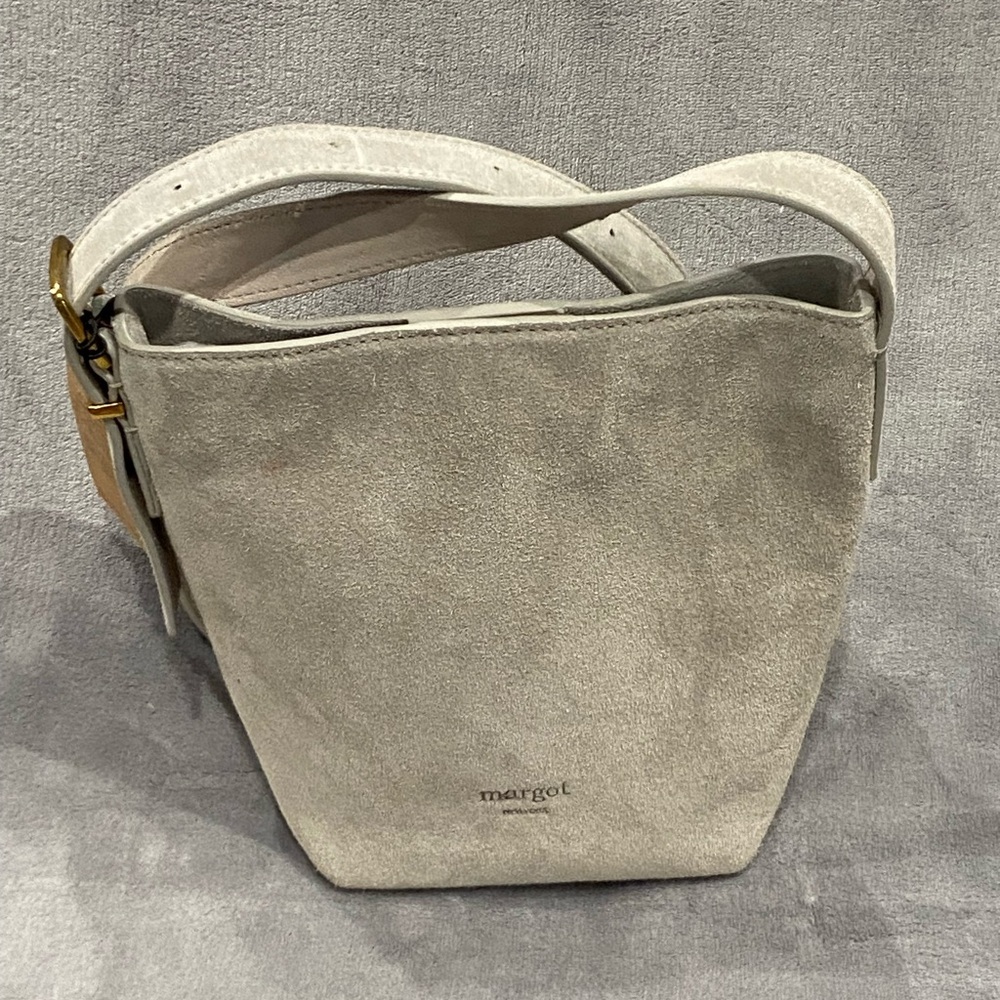 Margot New York Kaye Mini Bucket Suede Gray Leather Crossbody Adjustable Strap